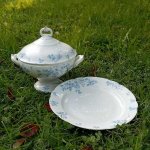 Veliký kulatý porcelánový talíř - tác s modrými květy - secese